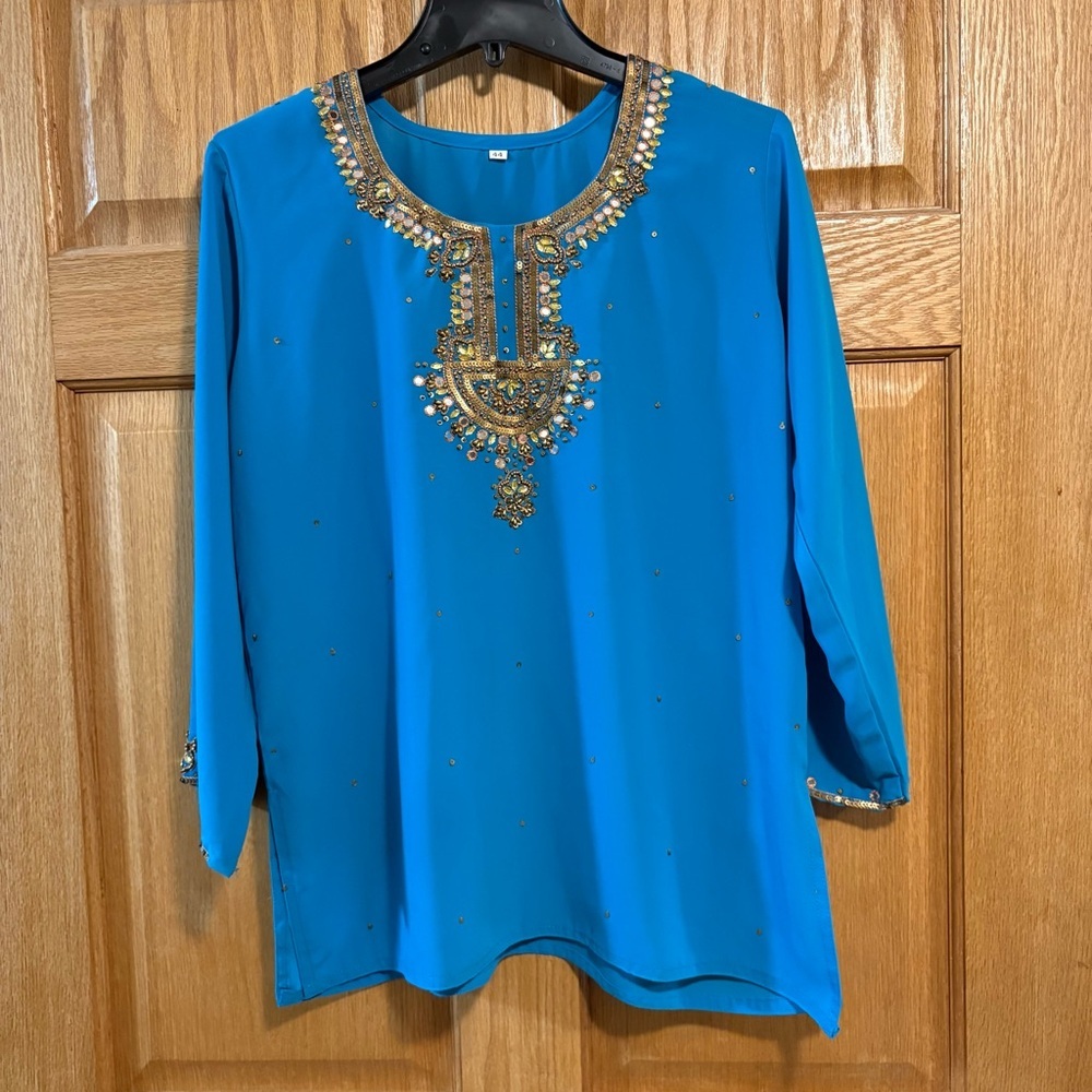 Teal Georgette Kurti Kurta Blouse Hand Embroidered & Beaded Embellished Womens L